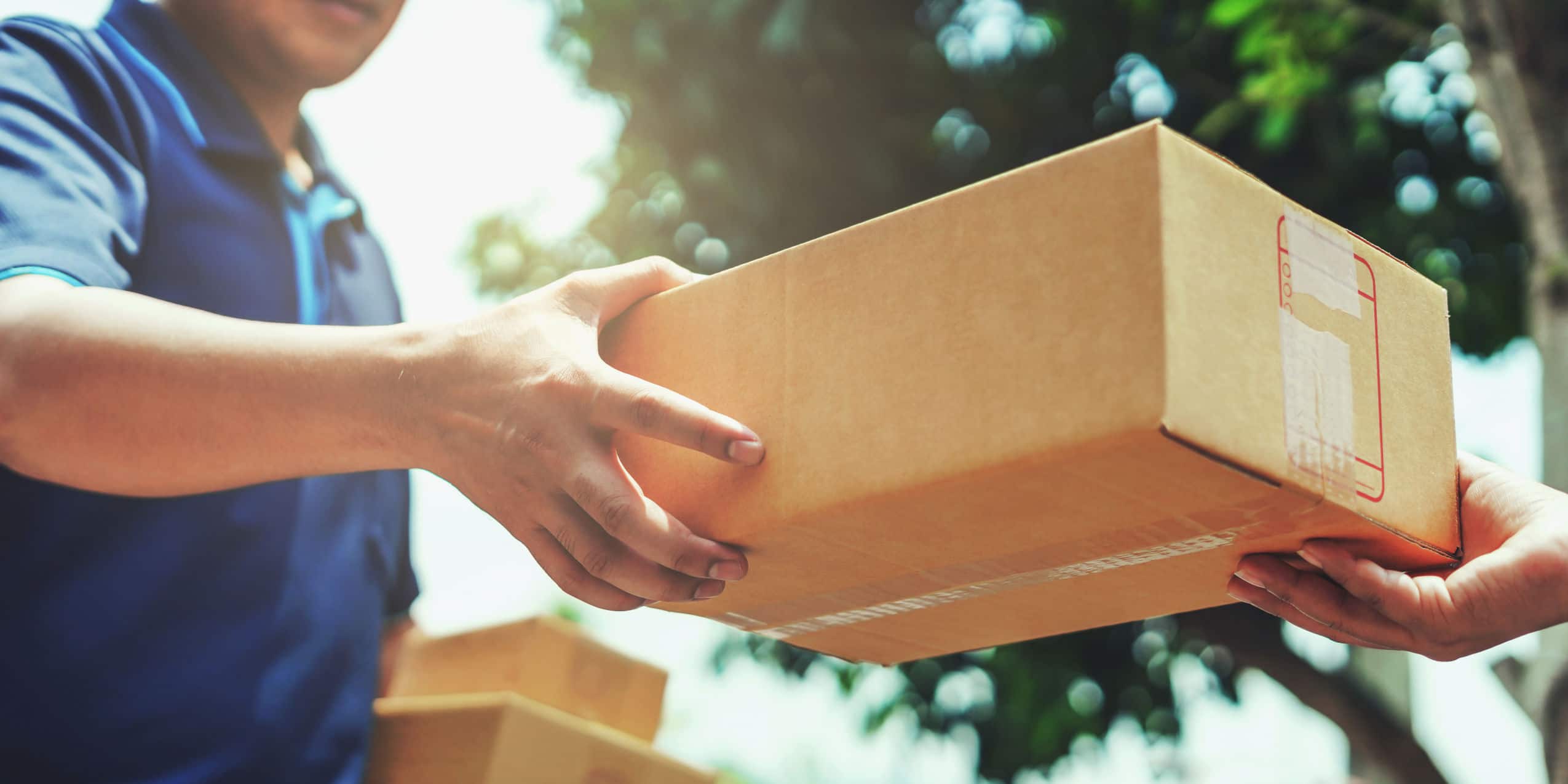 Größte Paketdienste Deutschland Paketzusteller übergibt einer Person ein Paket