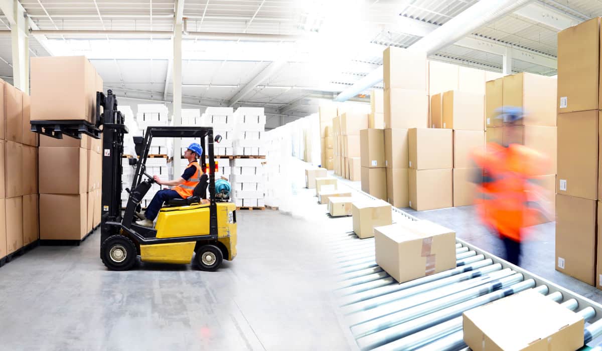 E-Commerce Fulfillment-Center Personen sortieren Pakete
