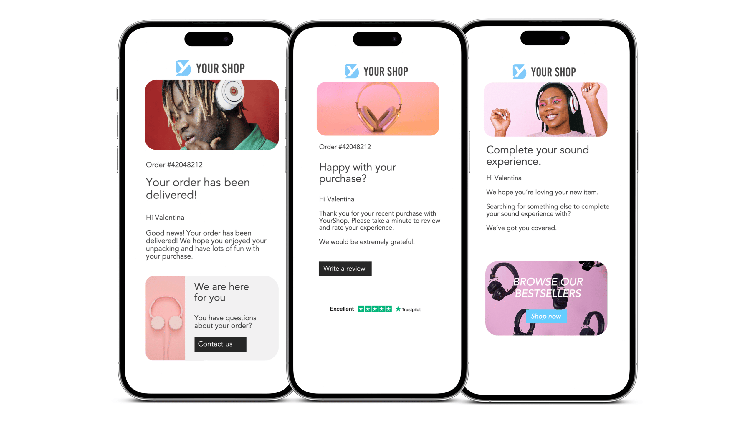 Email Flow 3 ganz@2x Smartphone, das das Tracking eines Pakets zeigt