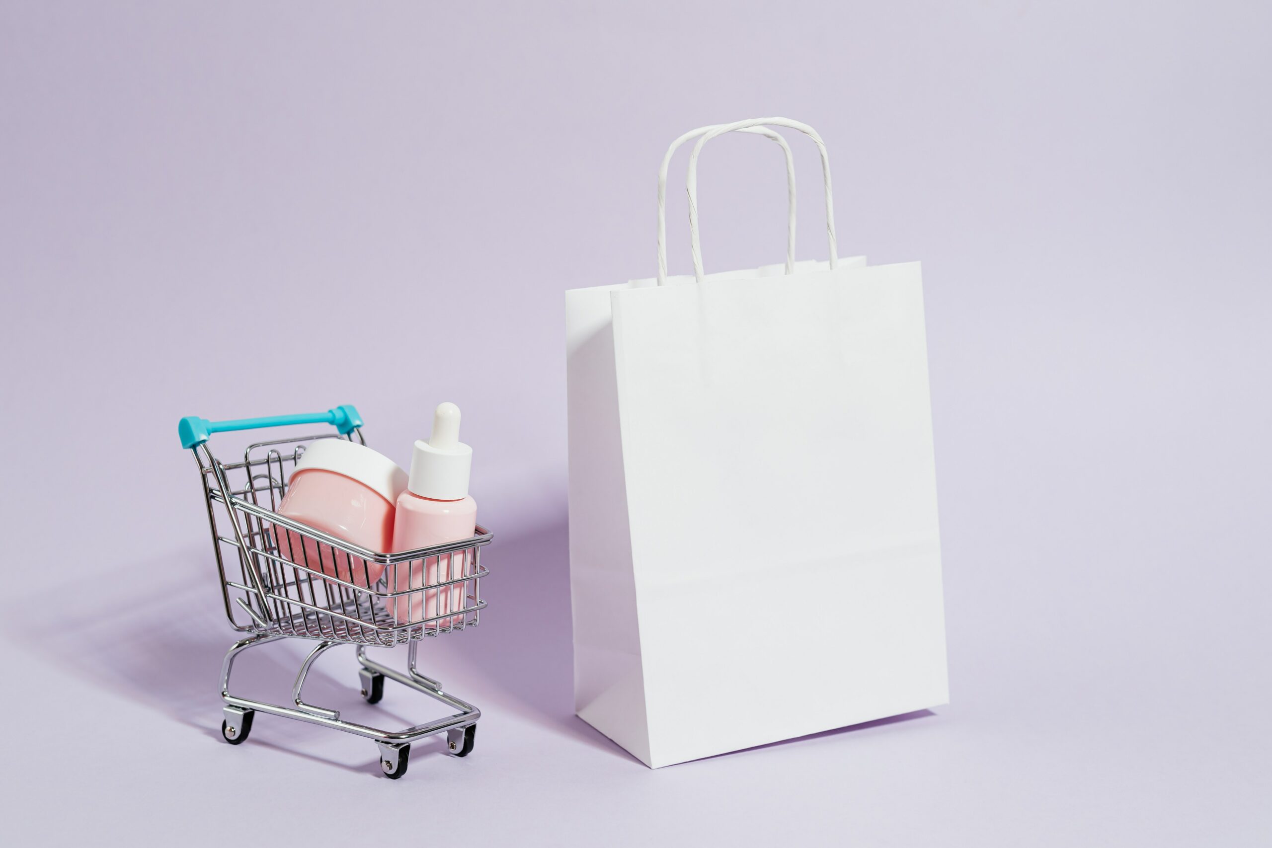 Cosmetic products in a shopping cart.
